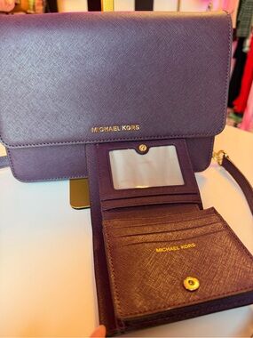Michael Kors Plum Leather Shoulder Bag with Matching Wallet crossbody gold chain